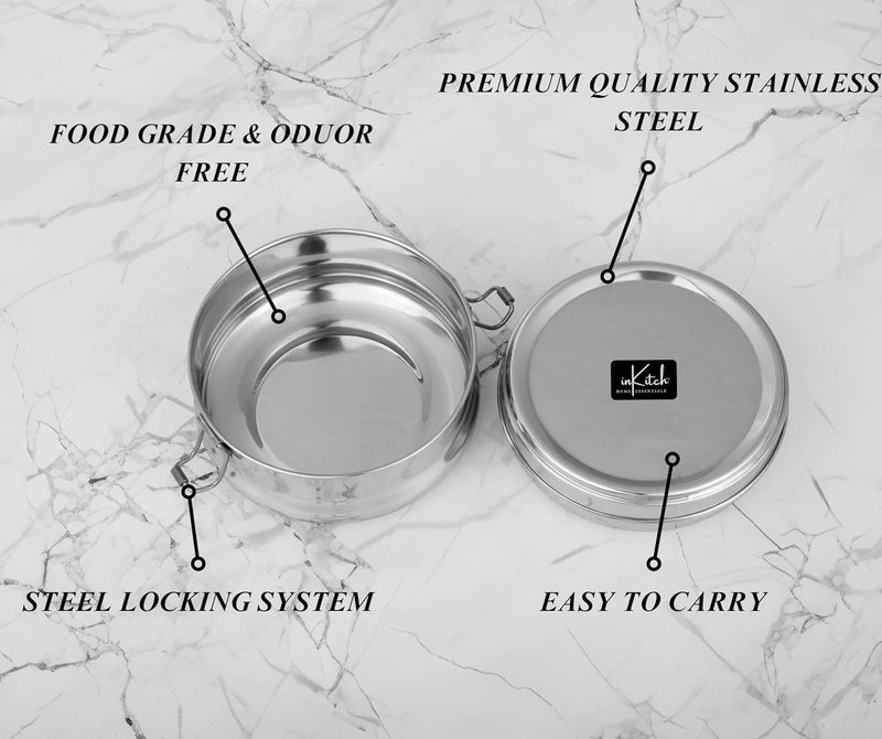 inKitch Steel Tiffin Box for Office Lunch Box for Office Women and Men Tiffin with Steel Separator Plate and Locking Clip Durable Lunch Container 105 cm Dia 300ml Silver - Image 4