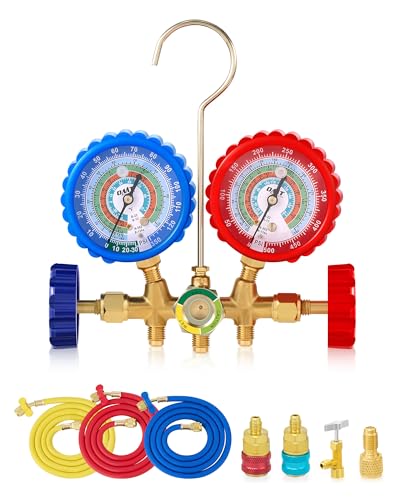 Orion Motor Tech AC Manifold Gauge Set for R12 R22 R502 R134a Refrigerant, 3 Way Automotive AC Gauge Set with Antishock Gauges Hoses Couplers & Adapter, Puncturing Can Tap Freon Recharge Kit for HVAC - Image 1
