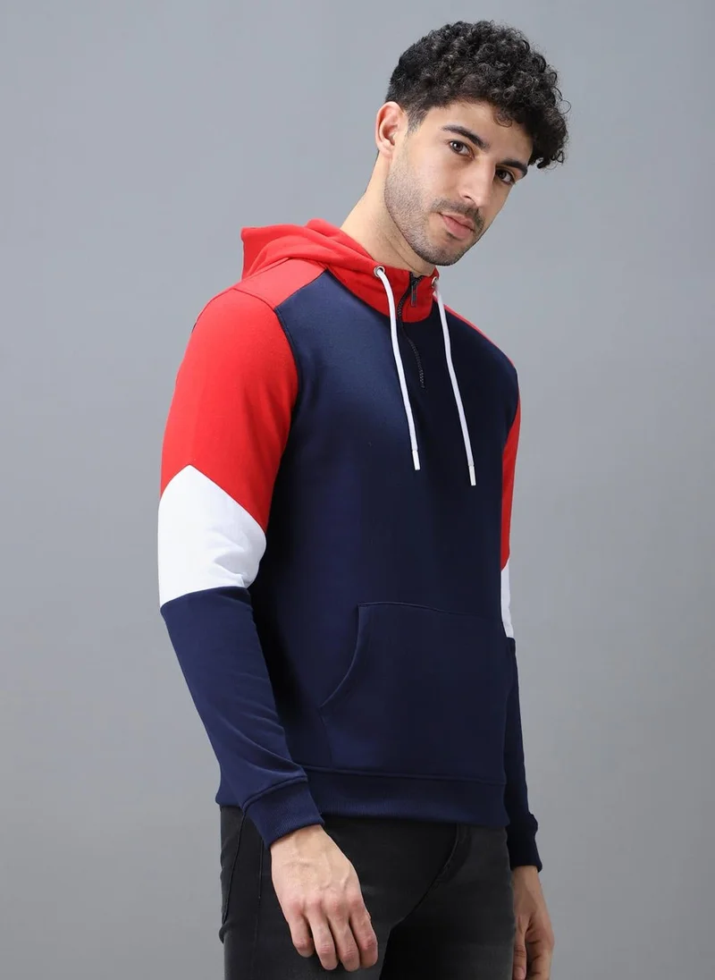 Urbano Fashion Men's Blue, Red Cotton Color Block Hooded Neck Sweatshirt