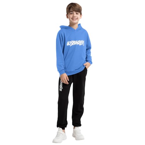 amropi Boy's Kids Tracksuit Pullover Hoodie Jogging Pants Set 2 Pieces Sweatsuit Blue,10-11Years - Image 3