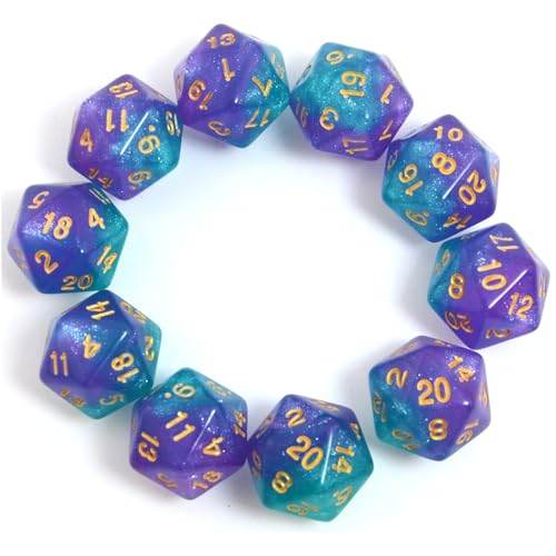 SmartDealsPro 10Pack 20 Sided Dice D20 Polyhedral Dice for DND RPG MTG Table Game Glitter GreenPurple - Image 1