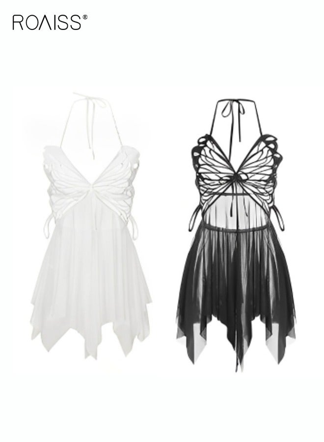 roaiss 2 Piece Lace Butterfly Wing Sleeping Skirt Set Hanging Neck Thin Shoulder Strap With Underwear Pajama Set - Image 1