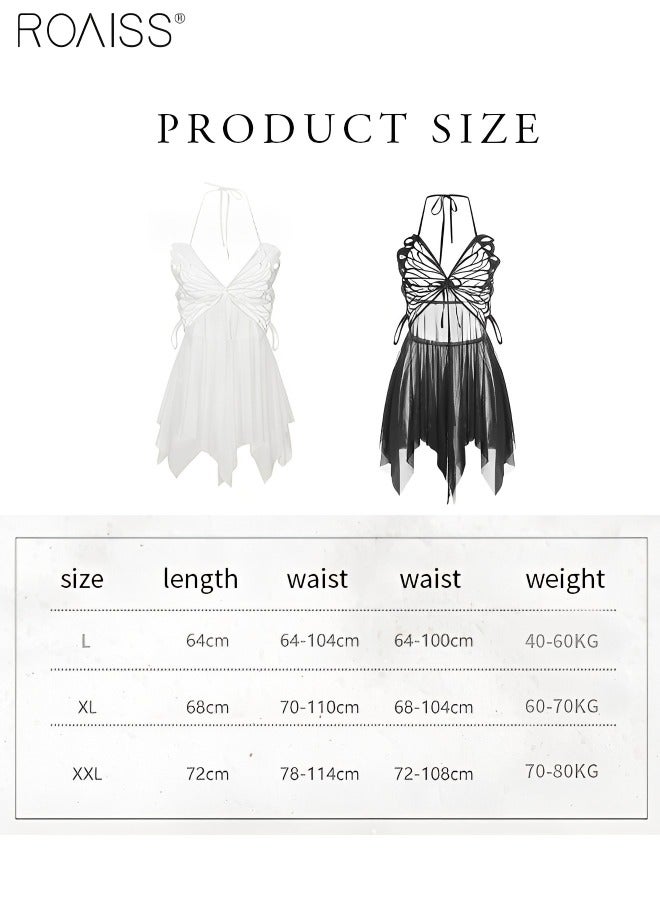 roaiss 2 Piece Lace Butterfly Wing Sleeping Skirt Set Hanging Neck Thin Shoulder Strap With Underwear Pajama Set - Image 5
