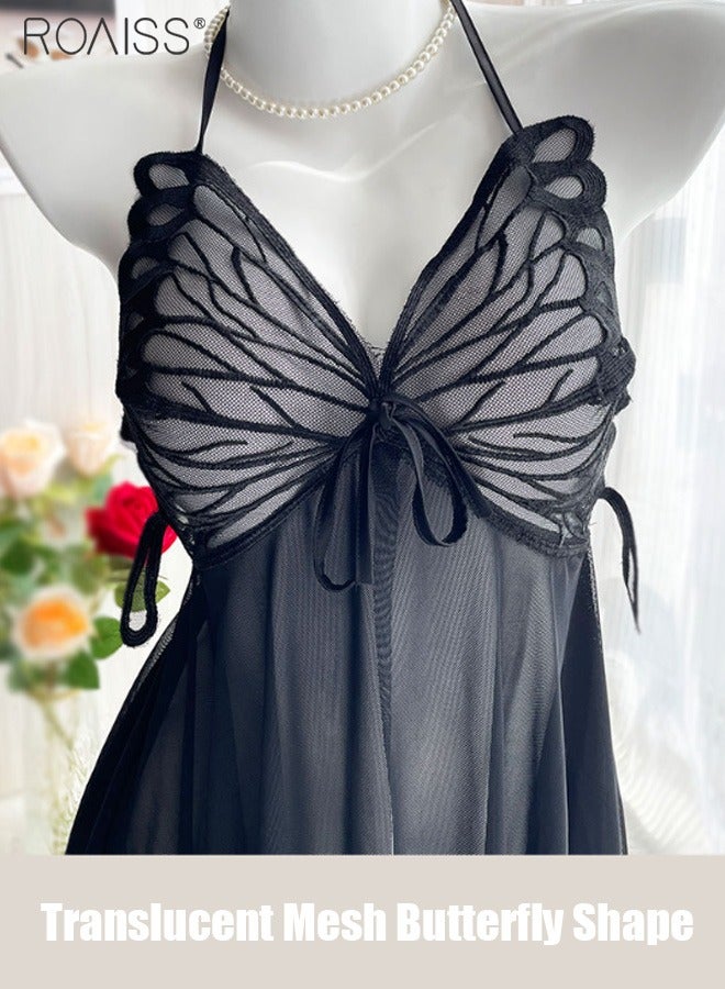 roaiss 2 Piece Lace Butterfly Wing Sleeping Skirt Set Hanging Neck Thin Shoulder Strap With Underwear Pajama Set - Image 2