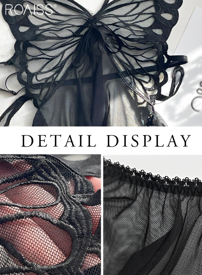roaiss 2 Piece Lace Butterfly Wing Sleeping Skirt Set Hanging Neck Thin Shoulder Strap With Underwear Pajama Set - Image 3