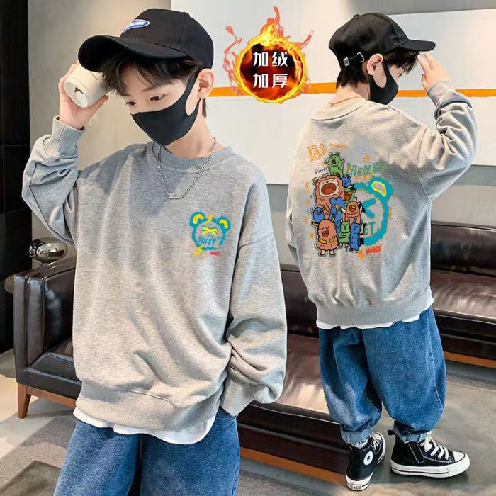 Children'S Stylish Round-Neck Pure Cotton Sweatshirt, 2025 Fleece-Lined Loose And Versatile Trendy Top For Older Kids - Image 1