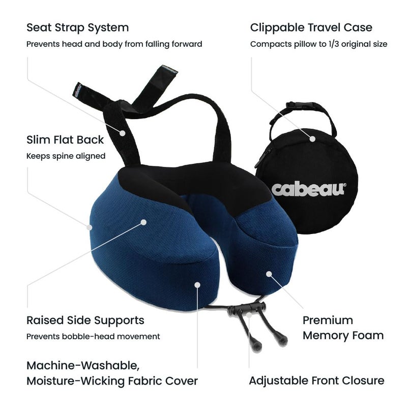 Cabeau وسادة السفر Cabeau Evolution S3 - تتصل بمقعد الطائرة - تضمن عدم سقوط رأسك للأمام - استرخ مع رغوة الذاكرة الفاخرة - قماش سريع الجفاف يحافظ على برودتك وجفافك (نيلي) - Image 3