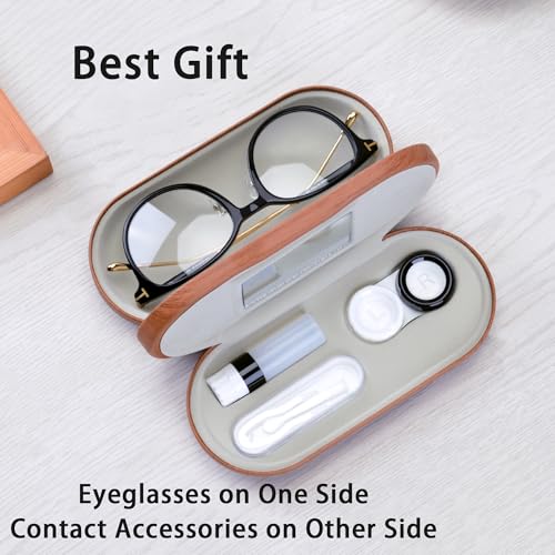 Muf 2 in 1 Contact Lens Case and Glasses Case, Double Sided Design with Mirror, Portable Travel Kit with Tweezer, Remover and Solution Bottle, Walnut Wood - Image 4