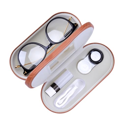 Muf 2 in 1 Contact Lens Case and Glasses Case, Double Sided Design with Mirror, Portable Travel Kit with Tweezer, Remover and Solution Bottle, Walnut Wood - Image 1
