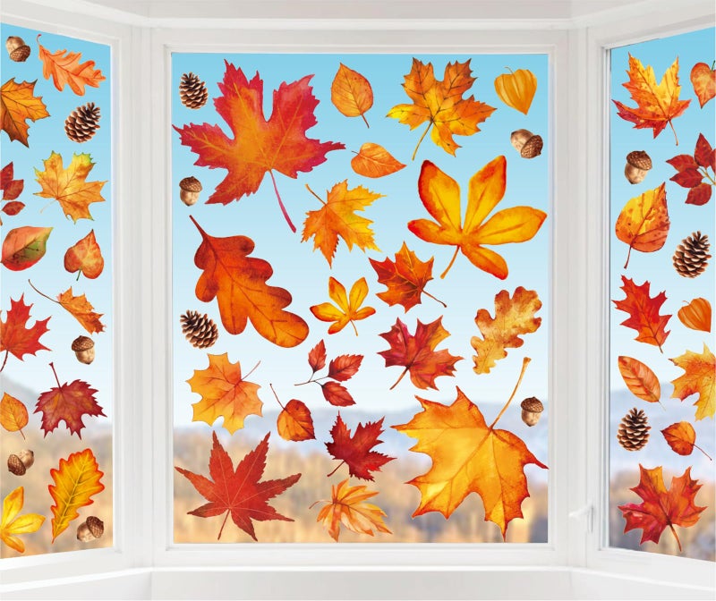Whaline 9 Sheet Fall Window Clings Watercolor Orange-Brown Maple Leaves Reusable Window Decals for Autumn Thanksgiving Home Window Glass Decor - Image 1