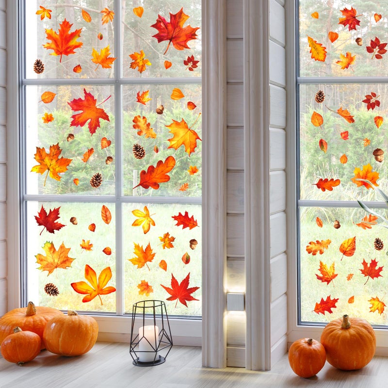 Whaline 9 Sheet Fall Window Clings Watercolor Orange-Brown Maple Leaves Reusable Window Decals for Autumn Thanksgiving Home Window Glass Decor - Image 4
