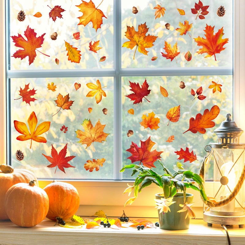 Whaline 9 Sheet Fall Window Clings Watercolor Orange-Brown Maple Leaves Reusable Window Decals for Autumn Thanksgiving Home Window Glass Decor - Image 2