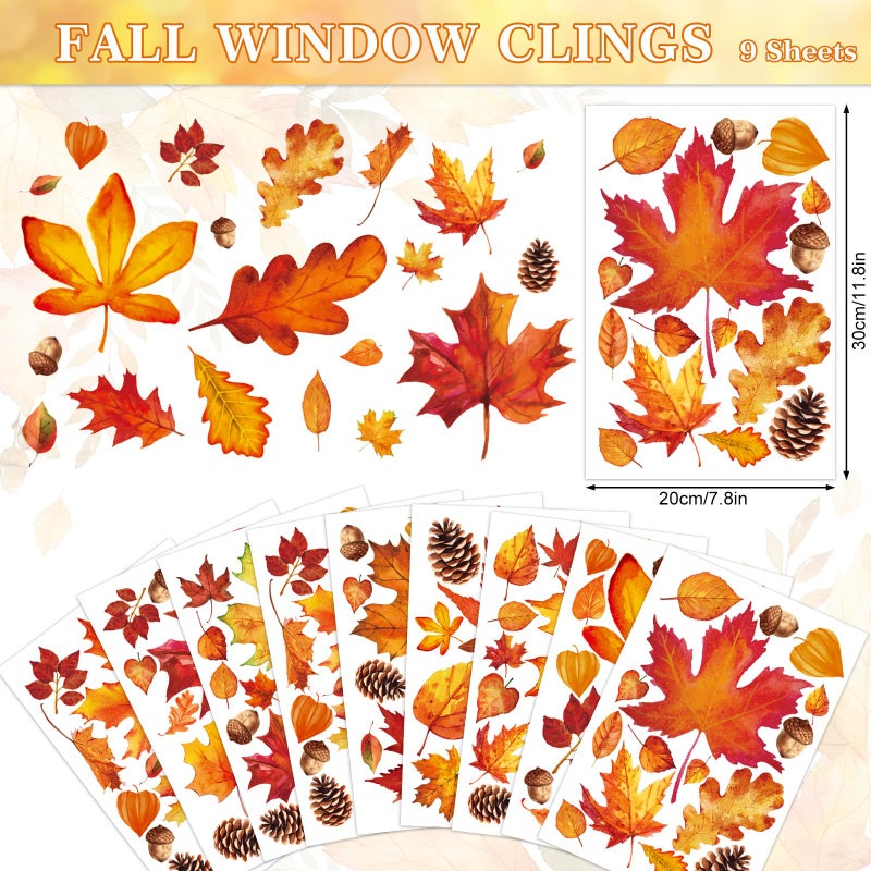 Whaline 9 Sheet Fall Window Clings Watercolor Orange-Brown Maple Leaves Reusable Window Decals for Autumn Thanksgiving Home Window Glass Decor - Image 5