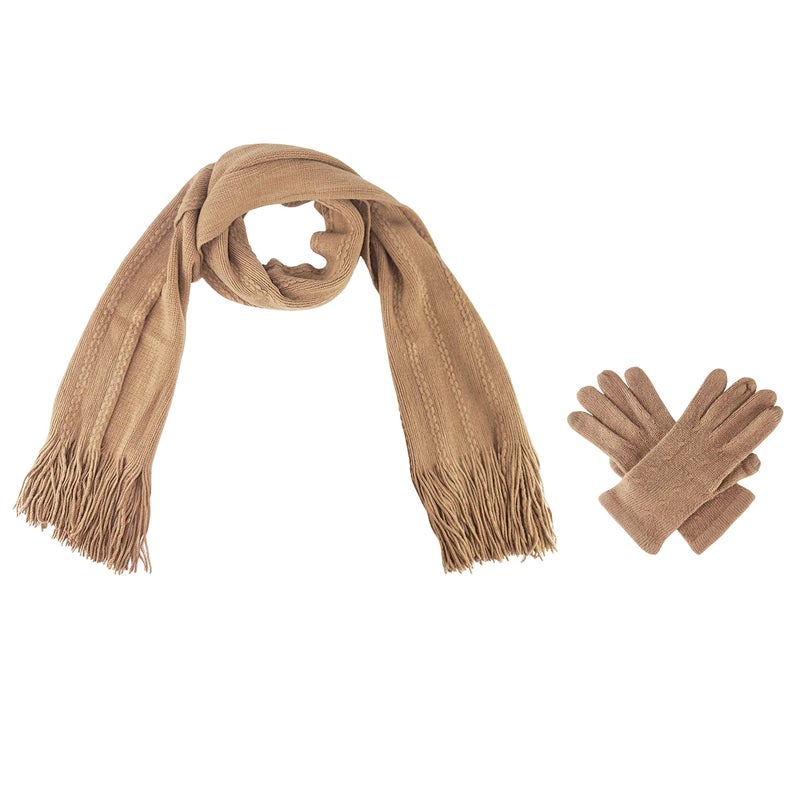 BRUCERIVER Women's Knit Scarf & Glove Set Touchscreen Function Cashmere Feel Cable Design (Camel Touchscreen) - Image 1