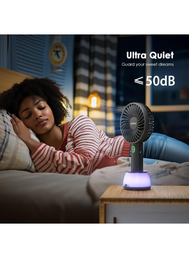 أورايمو Oraimo Portable Fan & Desk Fan with Base 2-in-1, 17H Battery Life, 3-Speed Cooling, 7 Mood Light Handheld Fan Rechargeable USB-C, Ultra-Light 180g, Small Fan Personal Leather Grain Design Cozy Handle Oraimo Portable Fan White - Image 4