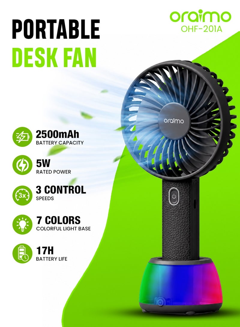 أورايمو Oraimo Portable Fan & Desk Fan with Base 2-in-1, 17H Battery Life, 3-Speed Cooling, 7 Mood Light Handheld Fan Rechargeable USB-C, Ultra-Light 180g, Small Fan Personal Leather Grain Design Cozy Handle Oraimo Portable Fan White - Image 1