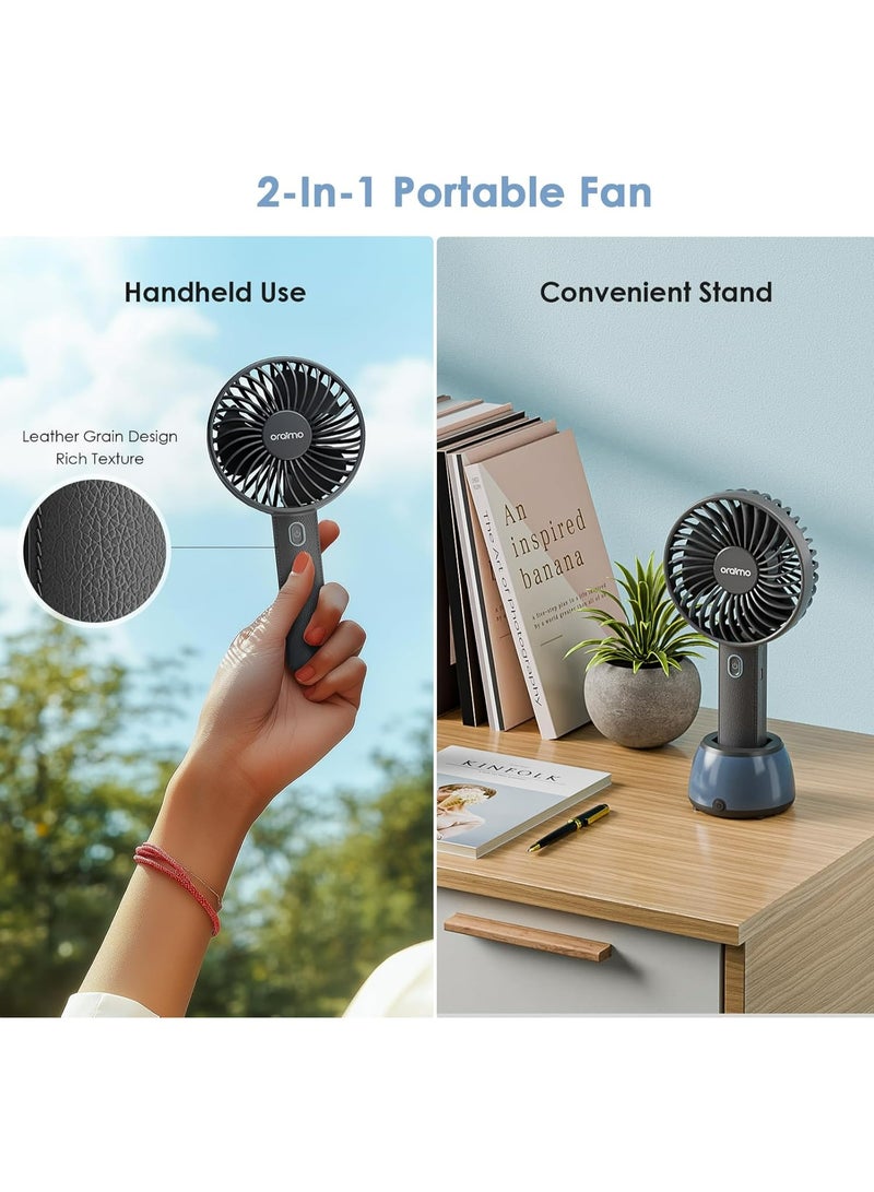 أورايمو Oraimo Portable Fan & Desk Fan with Base 2-in-1, 17H Battery Life, 3-Speed Cooling, 7 Mood Light Handheld Fan Rechargeable USB-C, Ultra-Light 180g, Small Fan Personal Leather Grain Design Cozy Handle Oraimo Portable Fan White - Image 2