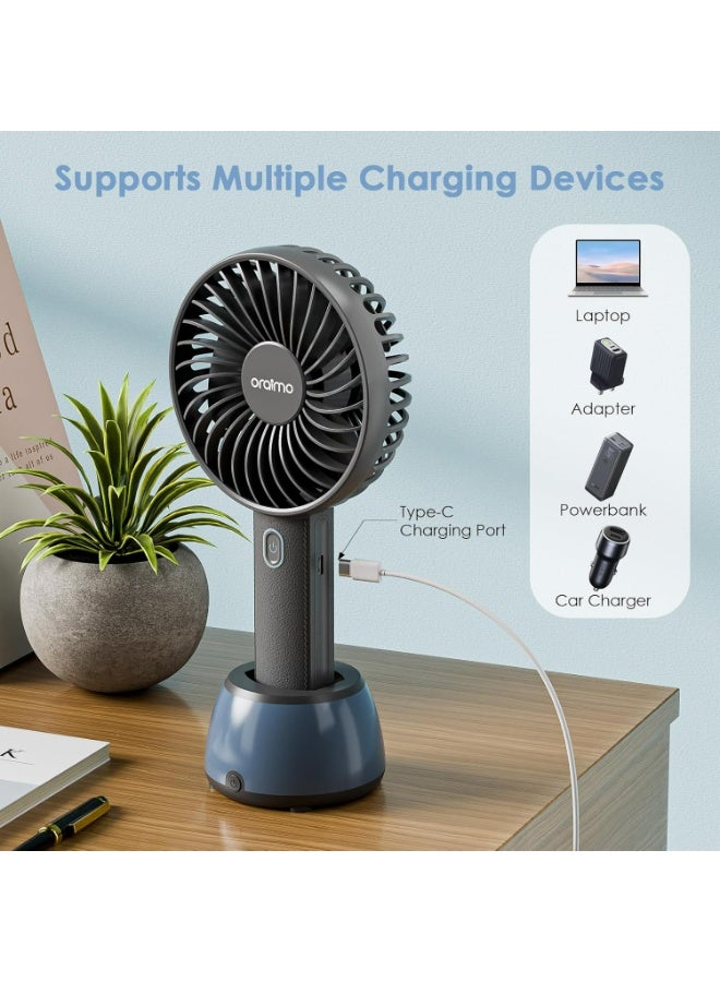 أورايمو Oraimo Portable Fan & Desk Fan with Base 2-in-1, 17H Battery Life, 3-Speed Cooling, 7 Mood Light Handheld Fan Rechargeable USB-C, Ultra-Light 180g, Small Fan Personal Leather Grain Design Cozy Handle Oraimo Portable Fan White - Image 3