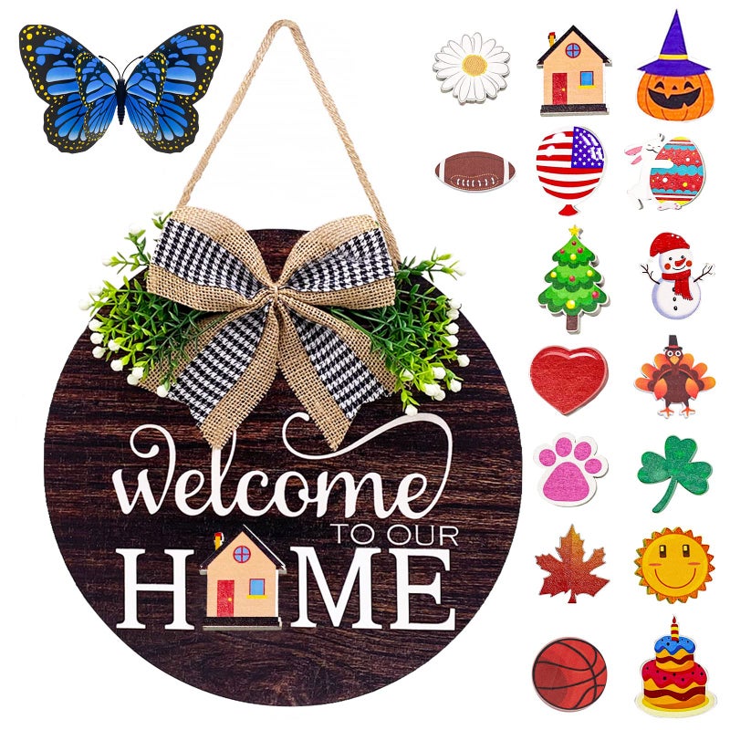 Interchangeable Seasonal Welcome Sign Front Door Decorations Round Wood Wreath for Outdoor Farmhouse Porch Perfect for New Home Housewarming Gift Valentines Easter Christmas Home Decor