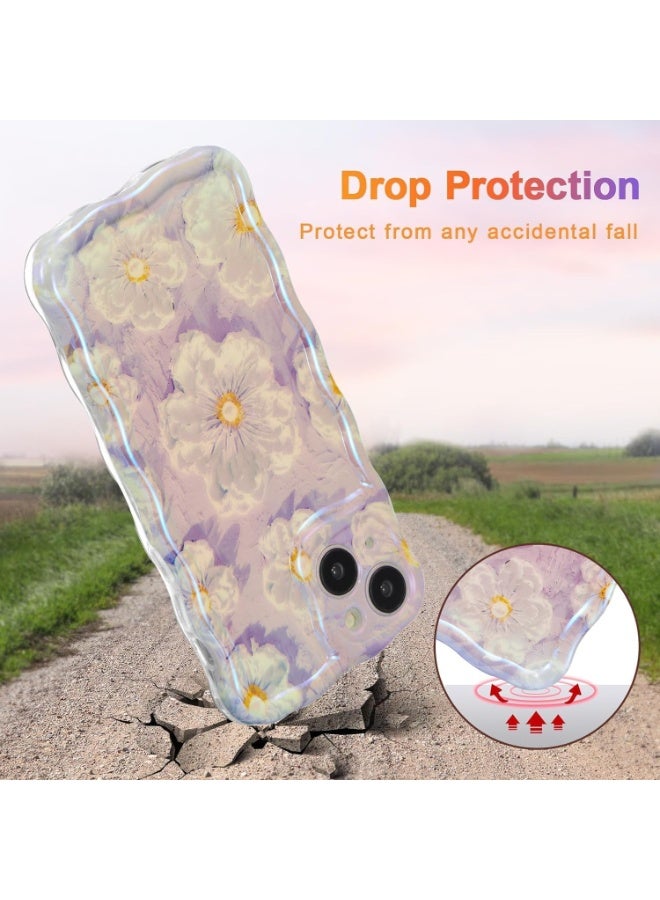 جراب لهاتف iPhone 14، جراب هاتف برسومات زيتية زهرية ملونة عتيقة، غطاء هاتف لامع بالليزر مع حدود موجات متعرجة لطيفة وزهرية رائعة، جراب واقٍ أنيق ومتين من مادة TPU، للفتيات والنساء، أرجواني - Image 3