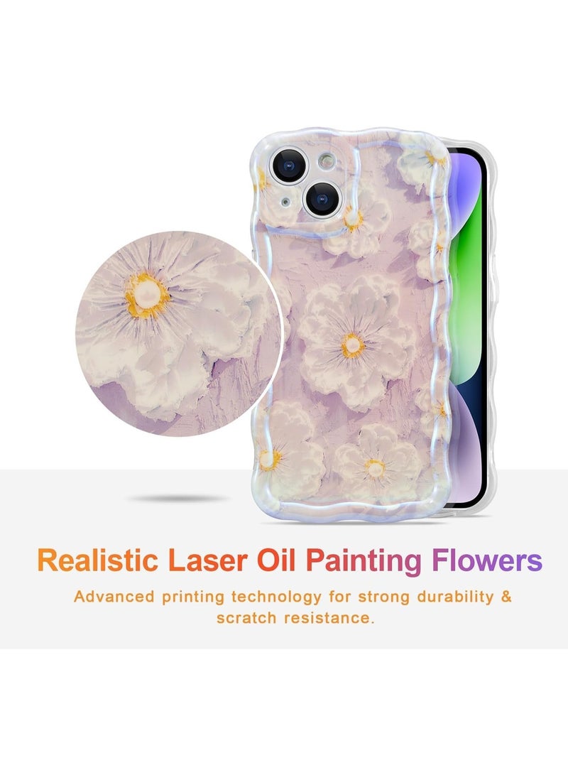 جراب لهاتف iPhone 14، جراب هاتف برسومات زيتية زهرية ملونة عتيقة، غطاء هاتف لامع بالليزر مع حدود موجات متعرجة لطيفة وزهرية رائعة، جراب واقٍ أنيق ومتين من مادة TPU، للفتيات والنساء، أرجواني - Image 2