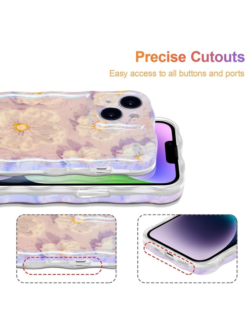 جراب لهاتف iPhone 14، جراب هاتف برسومات زيتية زهرية ملونة عتيقة، غطاء هاتف لامع بالليزر مع حدود موجات متعرجة لطيفة وزهرية رائعة، جراب واقٍ أنيق ومتين من مادة TPU، للفتيات والنساء، أرجواني - Image 5