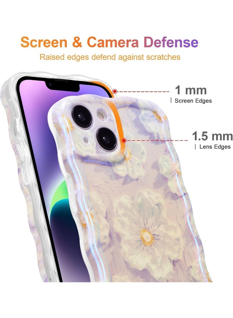 جراب لهاتف iPhone 14، جراب هاتف برسومات زيتية زهرية ملونة عتيقة، غطاء هاتف لامع بالليزر مع حدود موجات متعرجة لطيفة وزهرية رائعة، جراب واقٍ أنيق ومتين من مادة TPU، للفتيات والنساء، أرجواني - Image 4