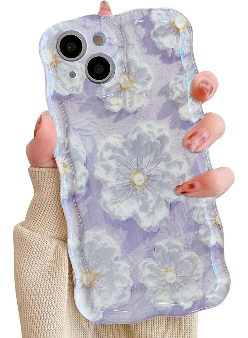 جراب لهاتف iPhone 14، جراب هاتف برسومات زيتية زهرية ملونة عتيقة، غطاء هاتف لامع بالليزر مع حدود موجات متعرجة لطيفة وزهرية رائعة، جراب واقٍ أنيق ومتين من مادة TPU، للفتيات والنساء، أرجواني - Image 1