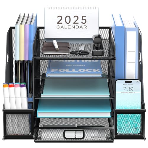 SUPEASY Mesh Desk Organizer with File Holder, 5-Tier Paper Letter Tray Organizer with Magazine Holder, Desktop Organizer and Storage with Drawer for Office Supplies Home or School, Black - Image 1