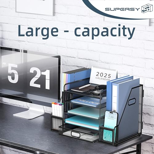SUPEASY Mesh Desk Organizer with File Holder, 5-Tier Paper Letter Tray Organizer with Magazine Holder, Desktop Organizer and Storage with Drawer for Office Supplies Home or School, Black - Image 2