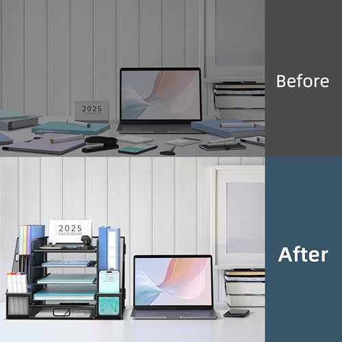 SUPEASY Mesh Desk Organizer with File Holder, 5-Tier Paper Letter Tray Organizer with Magazine Holder, Desktop Organizer and Storage with Drawer for Office Supplies Home or School, Black - Image 5