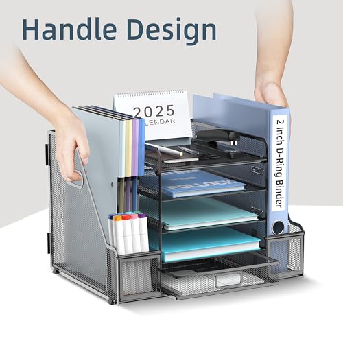 SUPEASY Mesh Desk Organizer with File Holder, 5-Tier Paper Letter Tray Organizer with Magazine Holder, Desktop Organizer and Storage with Drawer for Office Supplies Home or School, Black - Image 4