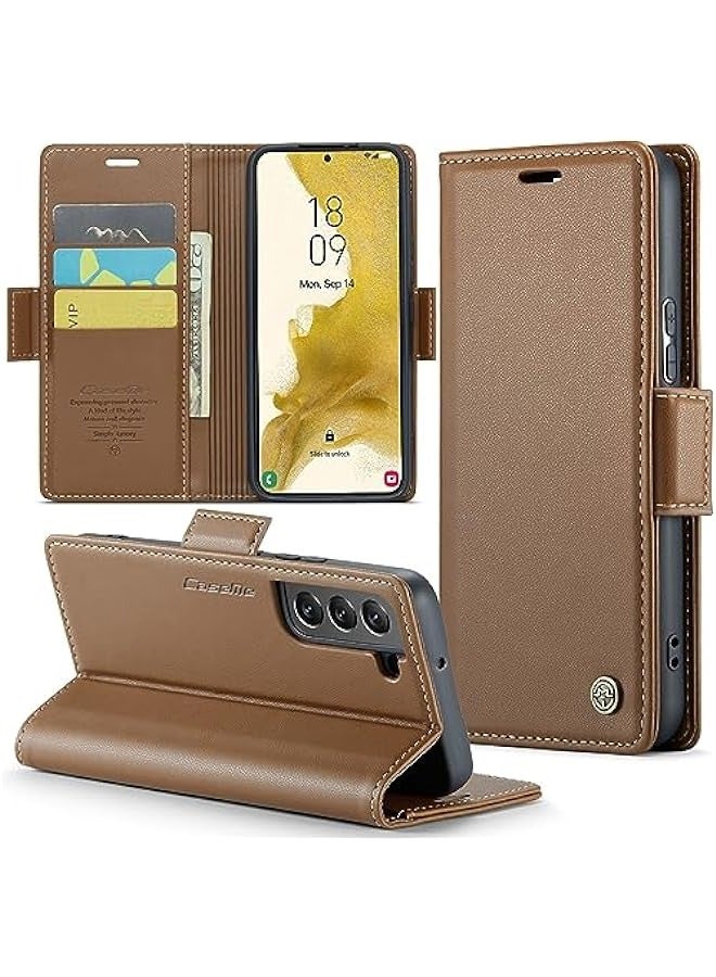 حافظة جلدية مع حامل بطاقة ودعامة مغناطيسية لهاتف Samsung Galaxy S22+ Plus 5G بحجم 6.6 بوصة - بني - Image 1