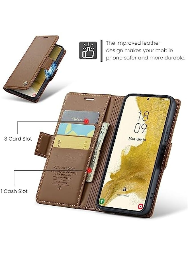 حافظة جلدية مع حامل بطاقة ودعامة مغناطيسية لهاتف Samsung Galaxy S22+ Plus 5G بحجم 6.6 بوصة - بني - Image 4
