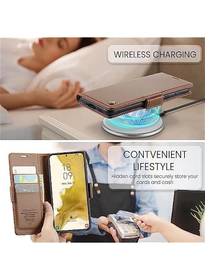 حافظة جلدية مع حامل بطاقة ودعامة مغناطيسية لهاتف Samsung Galaxy S22+ Plus 5G بحجم 6.6 بوصة - بني - Image 5