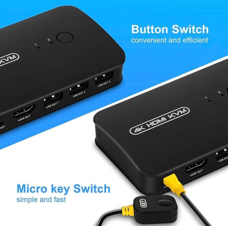ETZIN مفتاح KVM USB HDMI ETZIN 2 منفذ لتحديد صندوق ل2 كمبيوتر لمشاركة لوحة المفاتيح والفأرة والطابعة و1 شاشة HD 4K، مع كابلين KVM مضمّنين. - Image 2