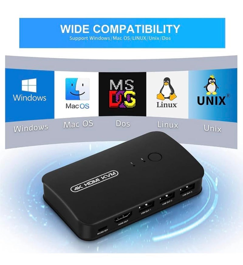 ETZIN مفتاح KVM USB HDMI ETZIN 2 منفذ لتحديد صندوق ل2 كمبيوتر لمشاركة لوحة المفاتيح والفأرة والطابعة و1 شاشة HD 4K، مع كابلين KVM مضمّنين. - Image 3