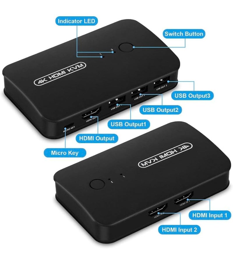 ETZIN مفتاح KVM USB HDMI ETZIN 2 منفذ لتحديد صندوق ل2 كمبيوتر لمشاركة لوحة المفاتيح والفأرة والطابعة و1 شاشة HD 4K، مع كابلين KVM مضمّنين. - Image 4