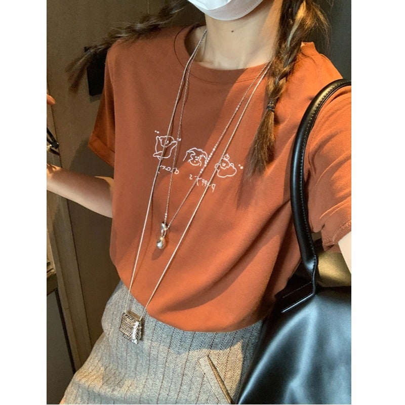 Mochi Blogger Vibe Korean Style Age-Reducing Cartoon Puppy Embroidered Round Neck Slimming Short-Sleeve T-Shirt Mq0828 - Image 1