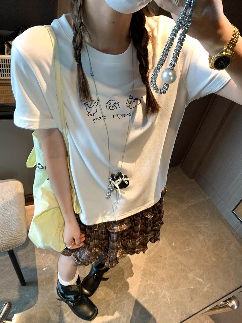 Mochi Blogger Vibe Korean Style Age-Reducing Cartoon Puppy Embroidered Round Neck Slimming Short-Sleeve T-Shirt Mq0828 - Image 2