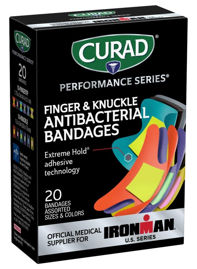 CURAD Performance Series IRONMAN Antibacterial Bandages, Extreme Hold Adhesive Technology, Finger & Knuckle Bandages, Flexible Fabric, Variety Pack with Assorted Sizes & Colors, 20 Count - Image 1