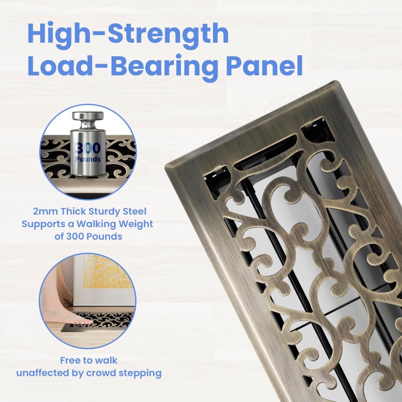Howeall 4x10 Inches Heavy Duty Walkable Floor Register - Easy Adjust Air Supply Lever Decorative Floor Vent Covers - Savannah Design Vent Covers for Home - Antique Brass - Image 2