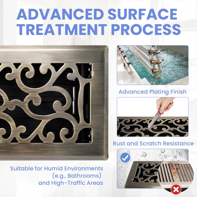 Howeall 4x10 Inches Heavy Duty Walkable Floor Register - Easy Adjust Air Supply Lever Decorative Floor Vent Covers - Savannah Design Vent Covers for Home - Antique Brass - Image 3
