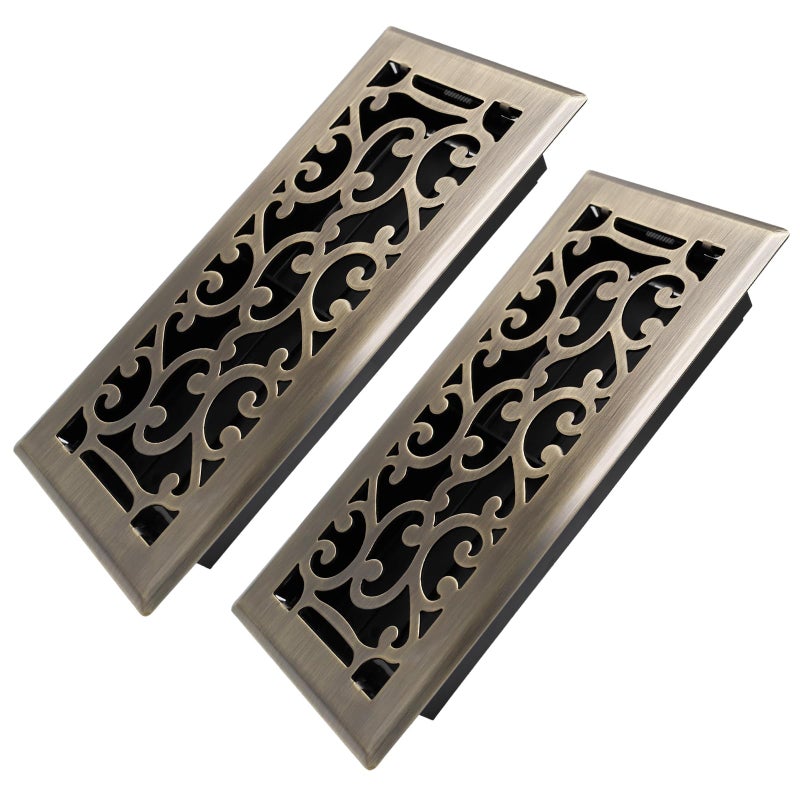 Howeall 4x10 Inches Heavy Duty Walkable Floor Register - Easy Adjust Air Supply Lever Decorative Floor Vent Covers - Savannah Design Vent Covers for Home - Antique Brass - Image 1