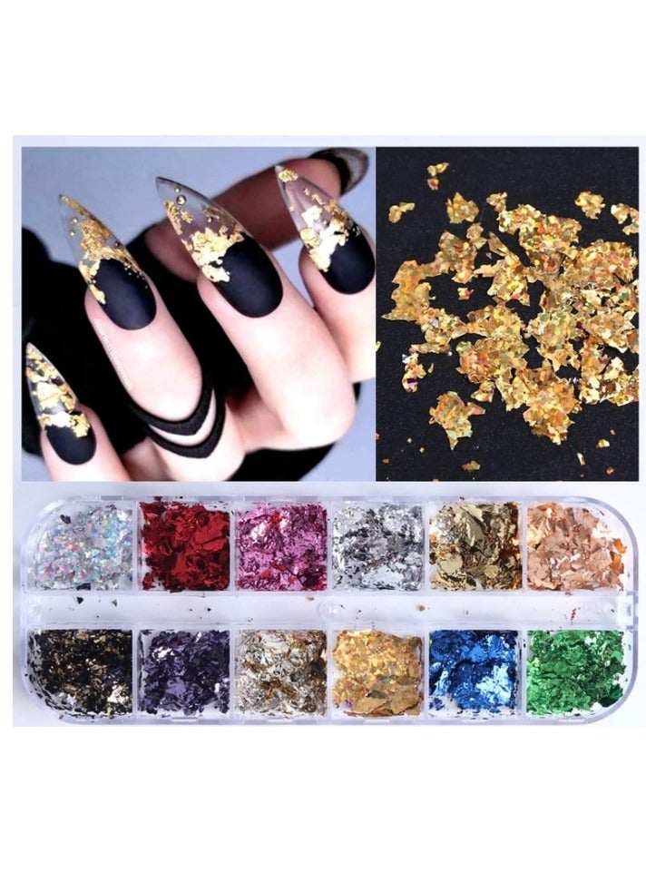 Colorfull Foil Nail Art Set, Nail Art Decals Stickers Fragments Nail Foil Art Nail Charms, DIY Manicure Nails Design Decal Decoration Paillette Flake Chip Foil Diy Glitter Decal Acrylic Uv Gel Decorations 12 Grids/Set - Image 2