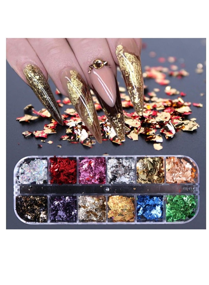 Colorfull Foil Nail Art Set, Nail Art Decals Stickers Fragments Nail Foil Art Nail Charms, DIY Manicure Nails Design Decal Decoration Paillette Flake Chip Foil Diy Glitter Decal Acrylic Uv Gel Decorations 12 Grids/Set - Image 1