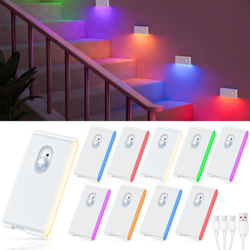 WILLED Motion Sensor Night Light, RGB & Warm White Stair Lights Indoor, Rechargeable Color Changing Night Light, Wireless Motion Sensor Light Indoor for Stair,Hallway,Bathroom,Cabinet,Kitchen,10 Pack - Image 1
