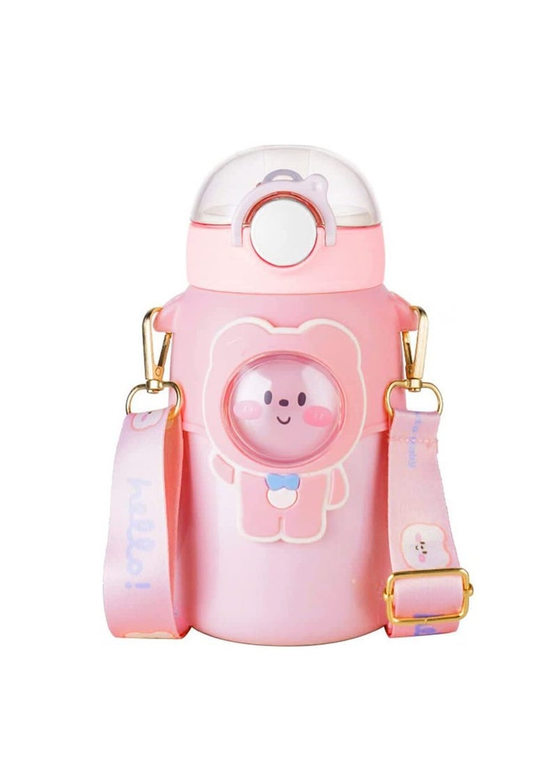 Excefore Kids Water Bottle for School with Straw, 720ml Kawaii Bear Water Bottle with Strap, BPA-Free Reusable Leak-proof Water Bottles with One-Handed Opening Straw Lids, Anti-Dust Spout Cover  - Image 1