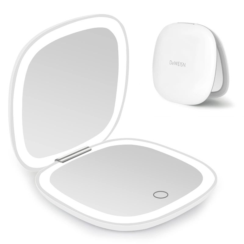 deweisn Compact Mirror, Lighted Travel Makeup Mirror with 1X/10X Magnifying Double Sided Dimmable Portable Pocket for Handbag and Pocket, USB Charging(White) - Image 1