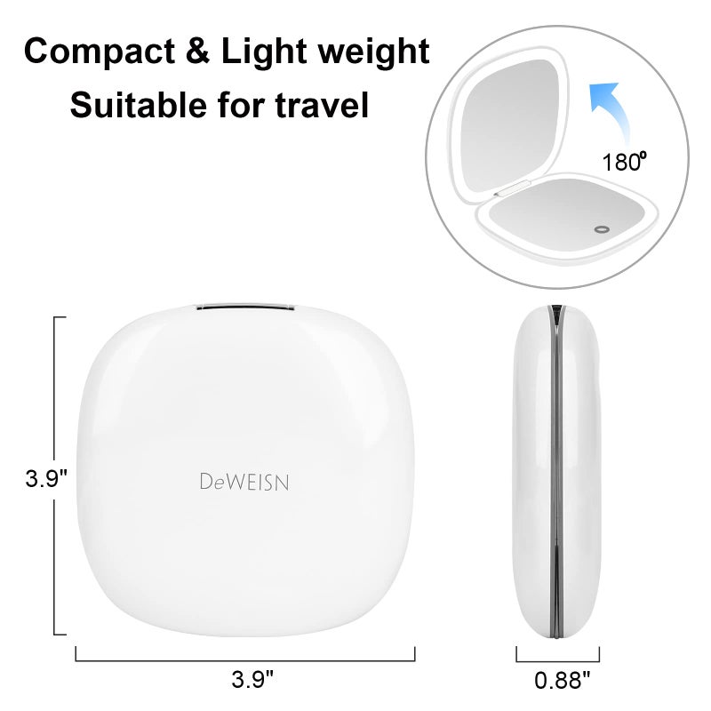 deweisn Compact Mirror, Lighted Travel Makeup Mirror with 1X/10X Magnifying Double Sided Dimmable Portable Pocket for Handbag and Pocket, USB Charging(White) - Image 2
